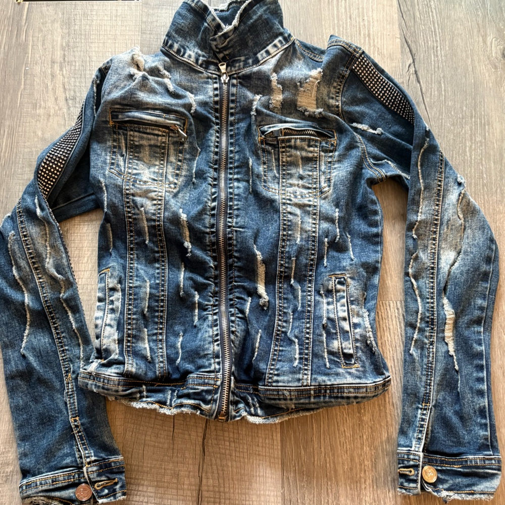 Distressed denim jacket bedazzled zippered jeweled edgy grunge
